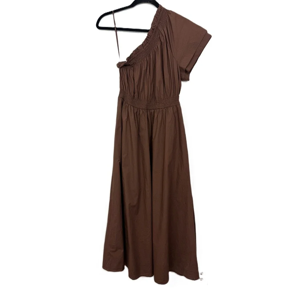 NWT J.Crew Smocked One-Shoulder Midi Dress Brown Cotton Poplin Size XS - Picture 3 of 12